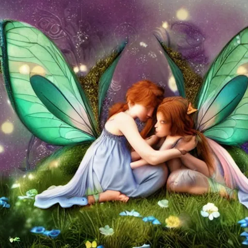 Prompt: photo of 2 beautiful fairies comforting each other