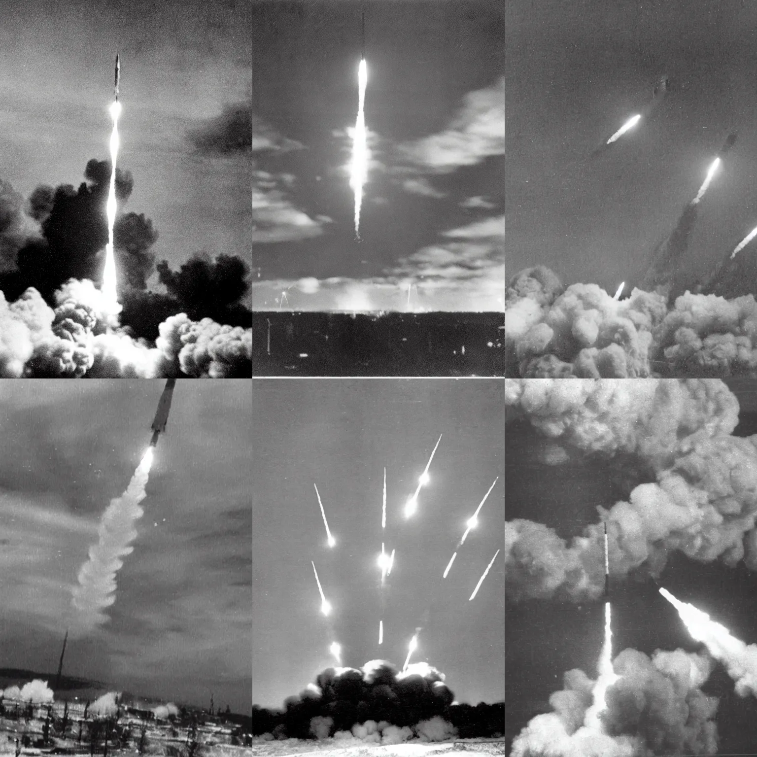 Prompt: grainy photo from the 1950s of multiple missiles being launched from an underground base, 4k, high quality, very detailed,