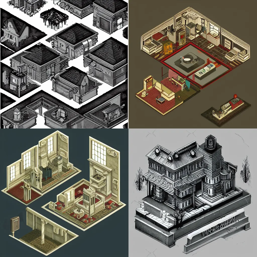 Prompt: isometric mansion, horror, style of resident evil and silent hill