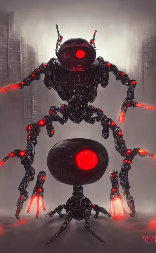 Image similar to a robot humanoid spider in a city, with 4 arms with claws, glowing red eyes, in a black carbon and red fiber armor, smiling creepily, dynamic lighting, photorealistic fantasy concept art, trending on art station, stunning visuals, creative, cinematic, ultra detailed