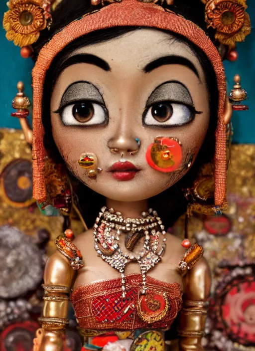 Prompt: closeup portrait of tin toy india sari girl trap, depth of field, zeiss lens, detailed, symmetrical, centered, fashion photoshoot, by nicoletta ceccoli, mark ryden, lostfish, breathtaking, 8 k resolution, extremely detailed, beautiful, establishing shot, artistic, hyperrealistic, octane render