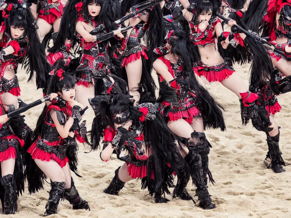 Prompt: babymetal performing on a tropical beach beautiful, scenery, 3 members, high detail, High Definition detail, 8K, photography