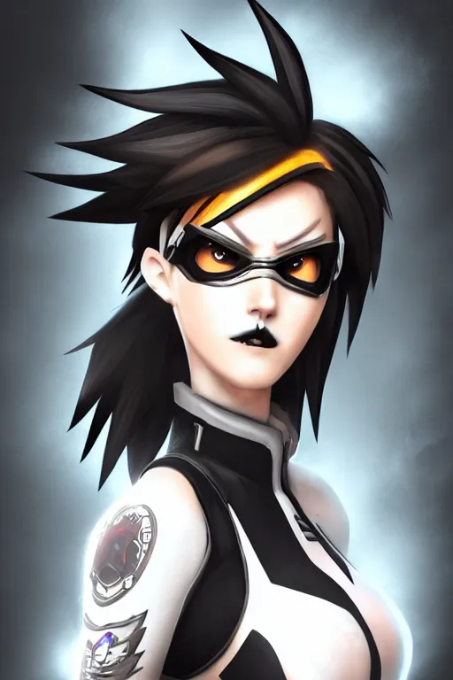 Image similar to digital drawing of tracer from overwatch in a goth style, wearing black lipstick and black eyeliner, 4 k, artstation, beautiful artwork, volumetric lighting, extremely detailed, neutral expression, focus on face, fog,