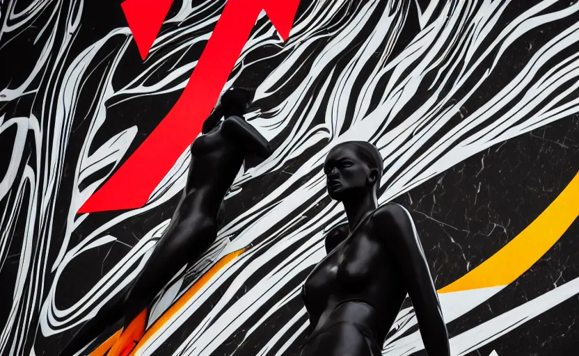 Image similar to night time photo of billboard advertisement of extremely beautiful female black marble statue in the style of virgil abloh, colorful motocross logos behind her, sharp focus, clear, detailed,, cinematic, detailed, off white, glamourous, symmetrical, vogue, editorial, fashion, magazine shoot, glossy