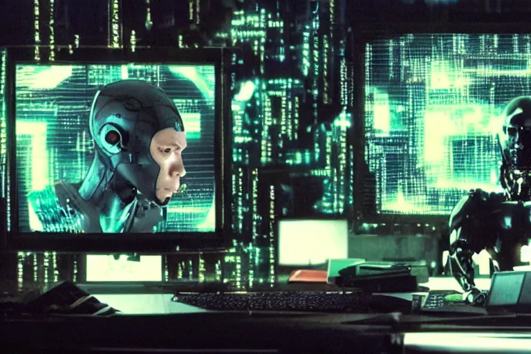 Image similar to cyborg - pitbull, surrounded by screens, in 4 0 5 5, y 2 k cybercore, industrial low - light photography, still from a kiyoshi kurosawa movie