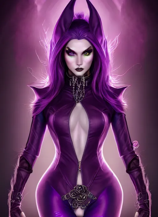 Prompt: body portrait of beautiful elf necromancer, female, purple skin, skintight leather coat, leather pants, wild purple hair, evil, high fantasy, extremely detailed, smooth, sharp focus, digital illustration, by artgerm, rossdraws, wlop, collectible card art
