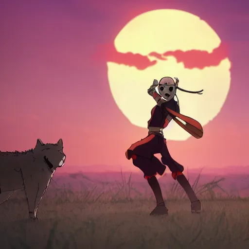 Image similar to female warrior wearing a skull mask, in dynamic pose, surrounded by wolves, fight battle, looking up, sunset, asian, wlop, studio ghibli, screenshot from the anime film by makoto shinkai, 8k