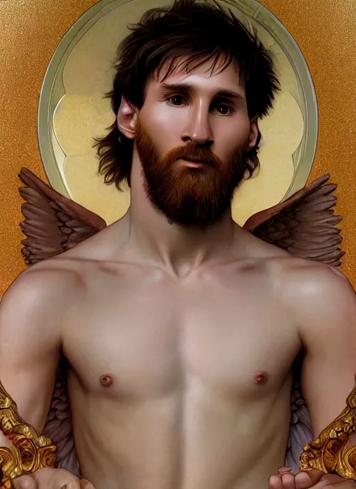 Image similar to portrait lionel messi male beautiful angel, full length shot, shining, 8 k highly detailed, sharp focus, illustration, art by artgerm, mucha, bouguereau