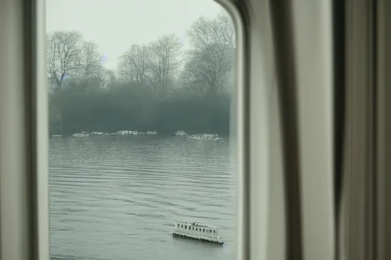 Image similar to looking out from the window of a train that is sailing on the water, the windows are fluttering with transparent gauze curtains, the sun shines in, fog and swans over the river, cinematic, 8k, masterpiece, light effect, ue5, photoshop