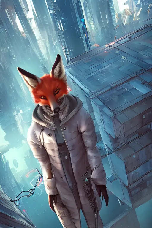 Image similar to a cyberpunk anthropomorphic fox with a fluffy tail staring over a futuristic city from the top of a roof, comic art, trending on furaffinity, cyberpunk, backlighting, cartoon, by kawacy, anime!!!