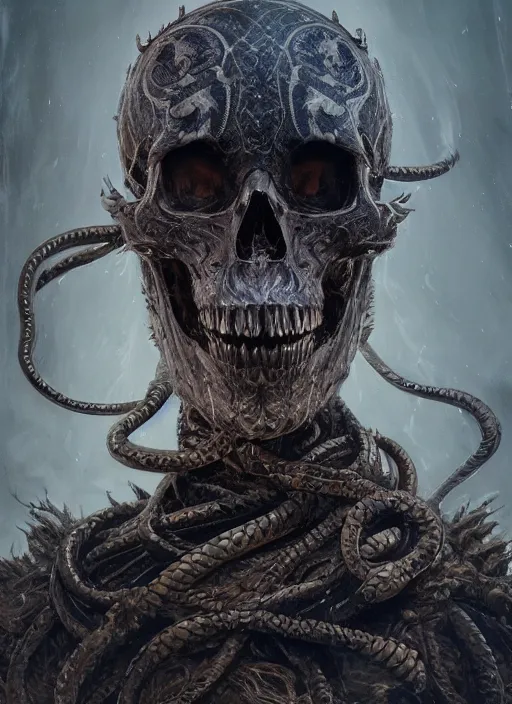 Prompt: A fancy portrait of a skull wrapped in snakes by Greg Rutkowski, Sung Choi, Mitchell Mohrhauser, Maciej Kuciara, Johnson Ting, Maxim Verehin, Peter Konig, Bloodborne, 8k photorealistic, cinematic lighting, HD, high details, dramatic, atmospheric , trending on artstation