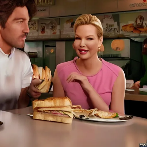 Image similar to catherine heigl and tenth is khan eating sandwiches at a diner, ultrarealistic, photorealistic, 8 k, ultra hd