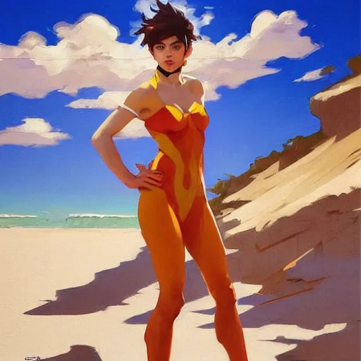 Prompt: greg manchess painting of tracer wearing a skintight dress in a beach, medium shot, organic painting, sunny day, bold shapes, hard edges, street art, trending on artstation, by huang guangjian and gil elvgren and sachin teng and artgerm and greg rutkowski and alphonse mucha