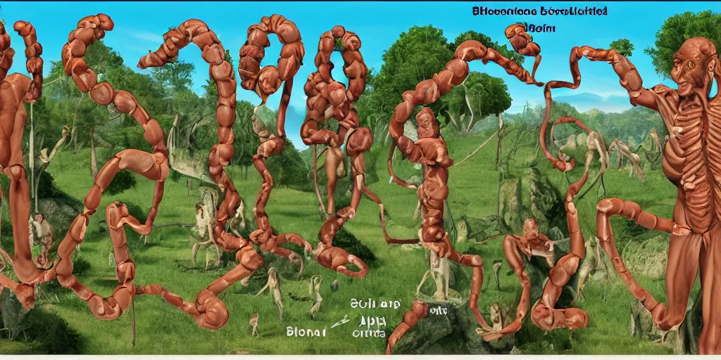 Image similar to Very detailed biological schema showing five missing links in the evolution of ape into man