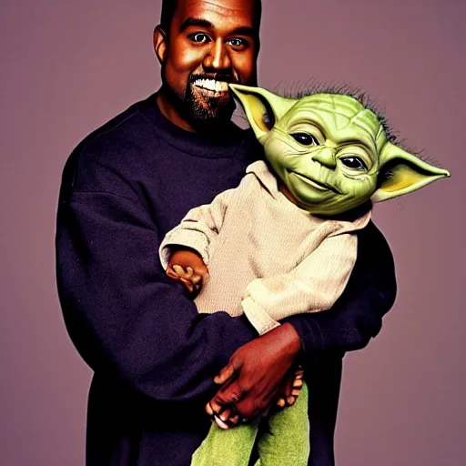 Image similar to kanye west smiling and holding yoda for a 1 9 9 0 s sitcom tv show, studio photograph, portrait