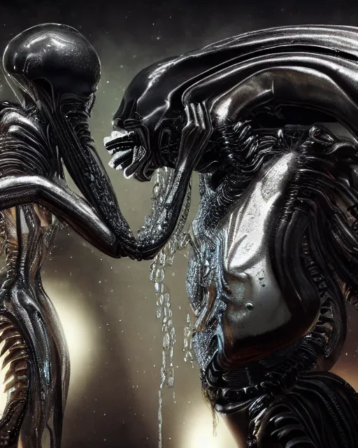 Image similar to film still of kim kardashian being kissed by an xenomorph slathered in a transparent alien liquid, wet flowing hair, gooey skin, illustration, unreal engine 5, 8 k, directed by h. r. giger.