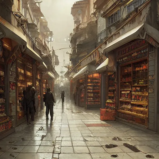 Prompt: A fantasycore of a convenience store of 2022 portugal lisbon on the street of a very highly detailed logital eldritch city matte painting art by Greg Rutkowski, highly logical and striking detailed architecture by alphonse mucha