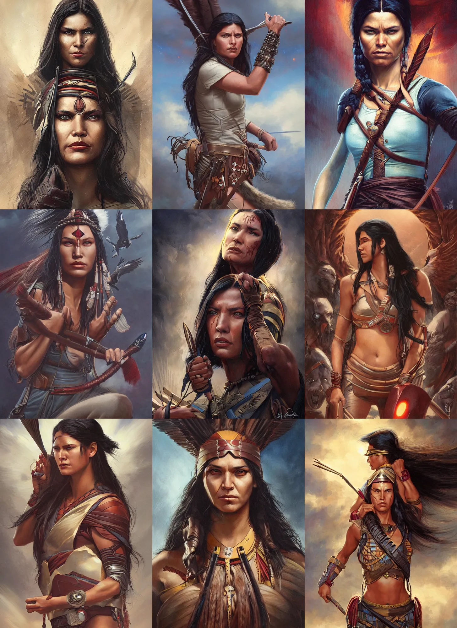 Prompt: sacagawea battling the avengers, native american comic book villain, dramatic portrait, art by artgerm and tom bagshaw