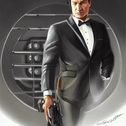 Image similar to Nathan Fillion as James Bond in Goldeneye 007 in an air vent above bathroom cubicle, D&D, cinematic, fantasy, intricate, elegant, highly detailed, digital painting, artstation, concept art, smooth, sharp focus, illustration, art by artgerm and greg rutkowski and alphonse much