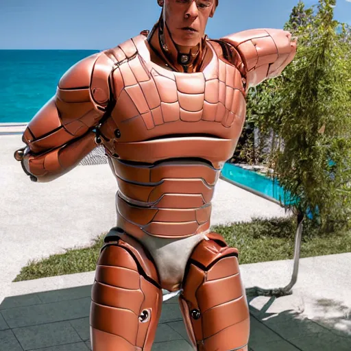 Prompt: a realistic detailed photo of a guy who is an attractive humanoid who is half robot and half humanoid, who is a male android, wrestler john cena, shiny skin, posing like a statue, blank stare, by the pool, on display, showing off his muscles, humanoid robot, frozen ice statue