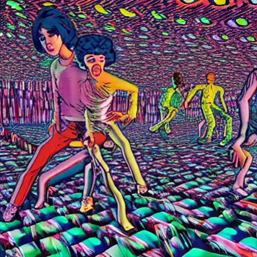 Image similar to techno party, dancing, ecstatic artwork by junji ito and jeff koons