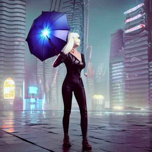 Prompt: a picture of a woman holding an umbrella, futuristic city, cyberpunk art by fyodor vasilyev, zbrush central contest winner, cubo - futurism, synthwave, darksynth, retrowave