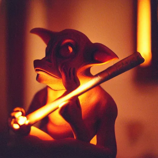 Prompt: a close up portrait of a goblin playing the flute, fireplace lighting, nighttime, kodak vision 5 0 0 t