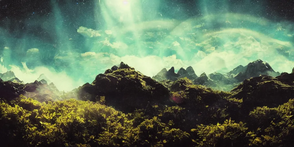 Prompt: vintage polaroid analog photo of an alien planet, gigantic mountains, big clouds, lush foliage, stars in the sky, 8k, unreal engine, warm azure tones, heavy lensflare, color bleed, film grain