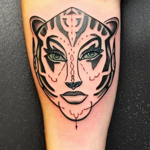 Image similar to tattoo design of a beautiful girl face, above the girls head there is a tiger head, hyper detailed, in the design of eliot kohek