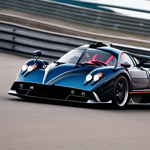 Image similar to pagani zonda on a street race track, motion blur, 3 0 0 mm photography, car photography, clean lines, realistic