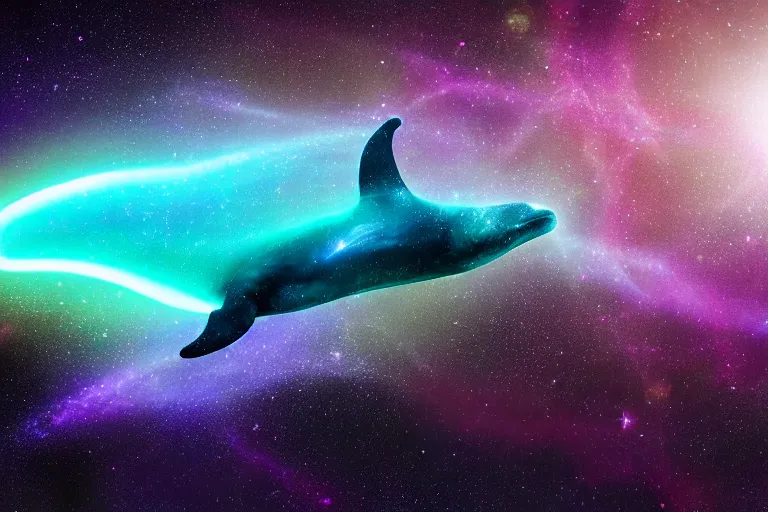 Image similar to a bioluminescent whale jumping through a space nebula leaving stardust trails behind, digital art, photorealistic