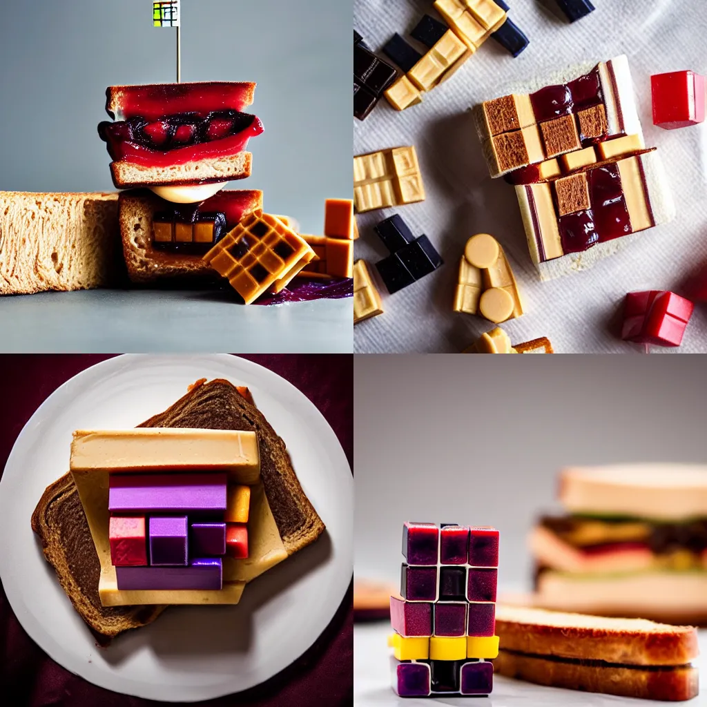 Prompt: a peanut butter and jelly sandwich in the shape of a rubik's cube, professional food photography