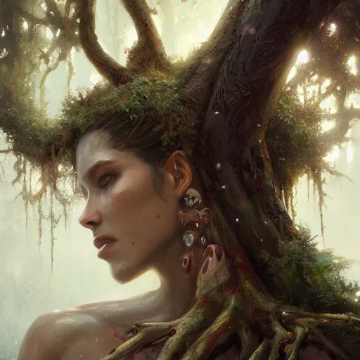 Image similar to a beautiful portrait of a tree goddess by Greg Rutkowski and Raymond Swanland, Trending on Artstation, ultra realistic digital art