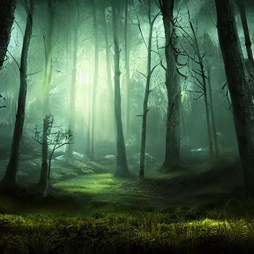 Prompt: nocturnal serenity in the forest of sorrow, dramatic lighting, cinematic, establishing shot, extremely high detail, photorealistic, cinematic lighting