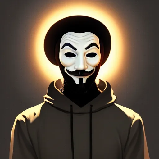 Image similar to portrait of a masked anonymous hacker, he wears a guy fawkes mask and a black hoodie, mattepainting concept blizzard pixar maya engine on stylized background splash comics global illumination lighting artstation lois van baarle, ilya kuvshinov, rossdraws