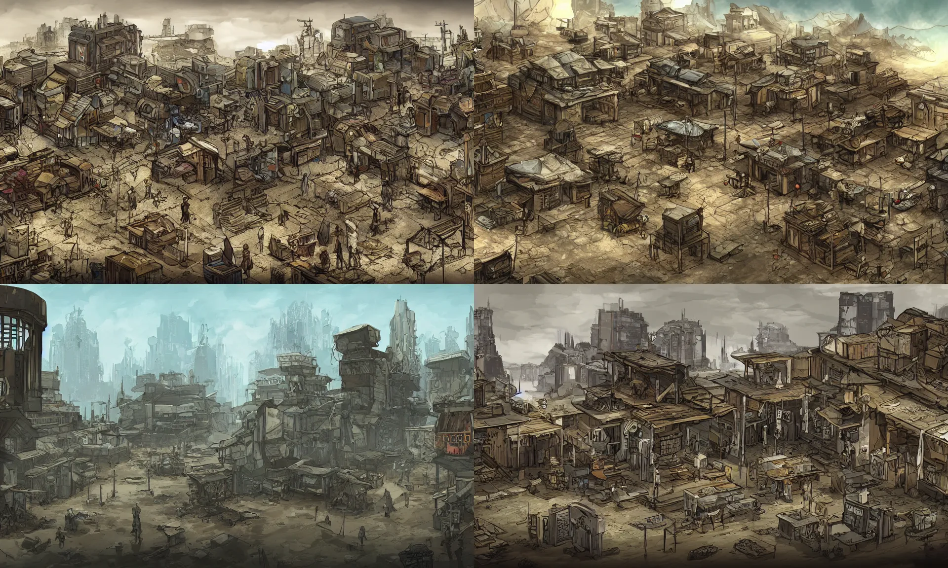 Prompt: a post apocalyptic colony with a marketplace, digital art in the style of chriss foss