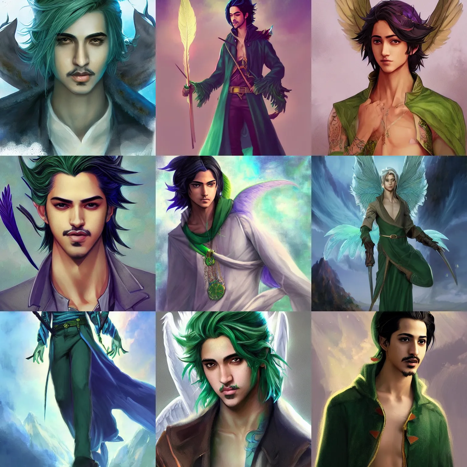 Prompt: Avan Jogia as a male angel elf. green feathers and clothes. Character design by charlie bowater, ross tran, artgerm, and makoto shinkai, detailed, inked, western comic book art, 2021 award winning painting