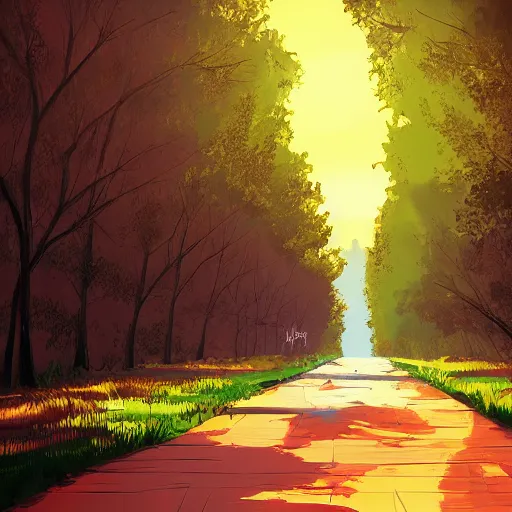 Prompt: tree-lined path at sunset, by Aenami Alena and Afshar Petros