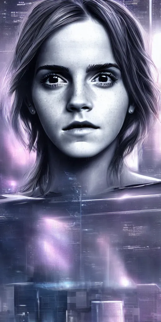 Image similar to Emma Watson, head and shoulders portrait, the background is a huge futuristic city, cyberpunk style futuristic neon lights, artstation cgsociety masterpiece highly-detailed