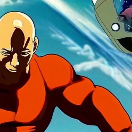 Image similar to long shot of tiny vin diesel as saitama punching a car into space