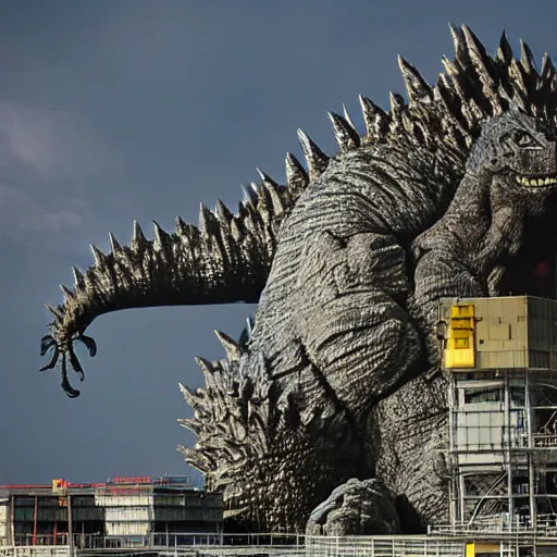 Image similar to godzilla attacking fukushima daiichi unit 4, dramatic lighting