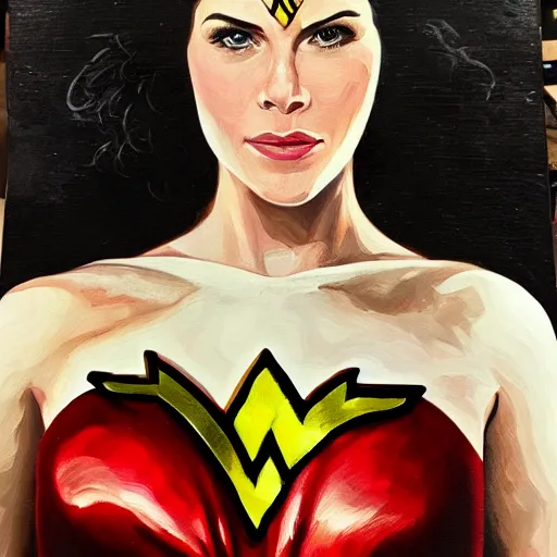 Prompt: wonder women, oil painting, highly detailed, new costume, medium close - up