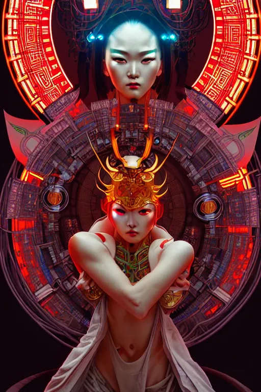 Prompt: akira from chinese mythology, hi - tech luciferian synthetic, gorgeous and huge head ornaments, dystopian, cyberpunk, mecha, cinematic dramatic light, ominous, intricate, studio, art by alphonse mucha, concept art, 4 k, sharp focus