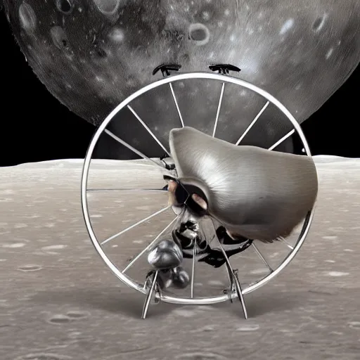 Image similar to a stainless steel bike, with swiss cheese wheels a wheel, a rat cycling fast on the surface of the moon and drives away from a huge and dangerous mushroom cloud of a nuclear explosion. photorealistic