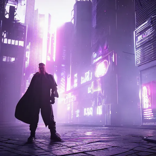 Image similar to A cyberpunk human wizard summoning a diabolical creature in an occult environment. dark atmosphere, octane render, 4k, 8k, untra realistic, unreal engine, cinematic composition, neon