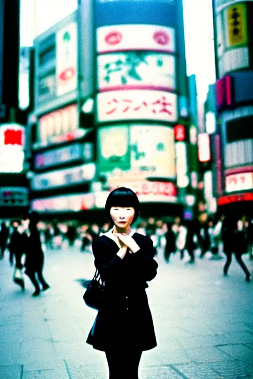 Image similar to street photography portrait of a beautiful japanese woman standing at shibuya crossing during midday, subtle colors, shot on cinestill 5 0 d film, iso 1 0 0, 5 0 mm lens aperture f / 8, dynamic composition, full frame, full res, sharp focus, hyper realistic