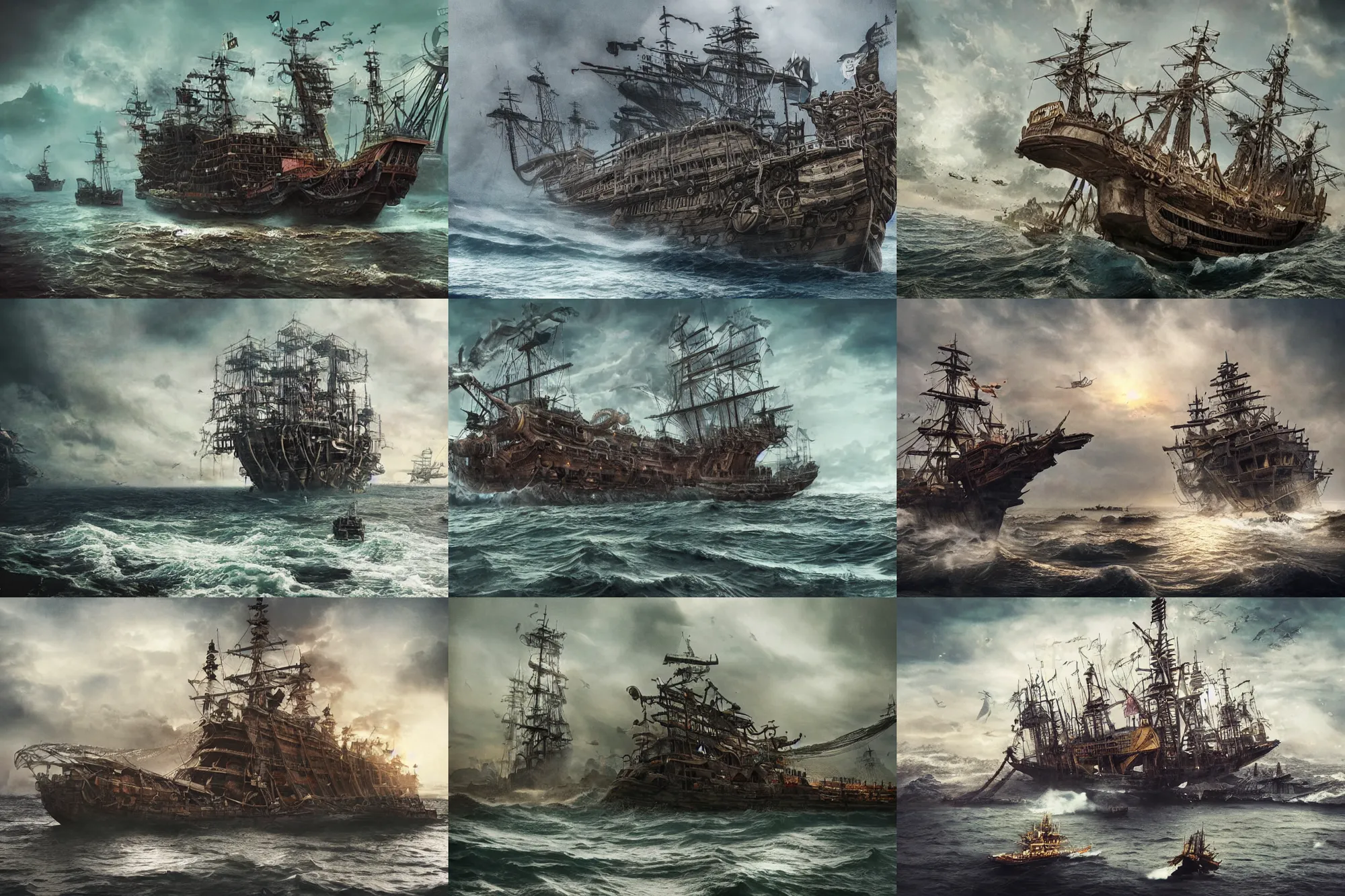 Prompt: highly detailed portrait photo of a huge mûmakil-大舌頭 pirate ship in a scenic dystopian environment, hyperrealistic Illustration
