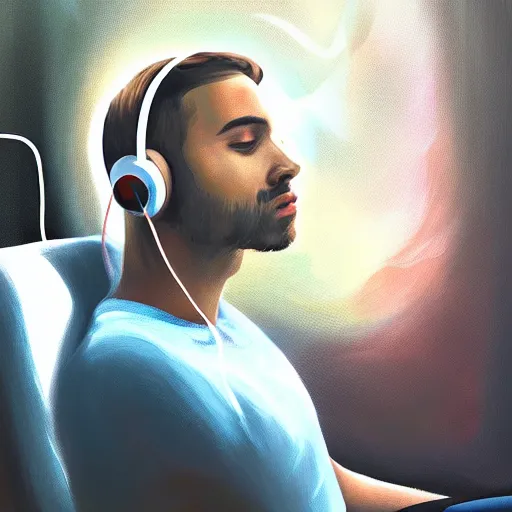 Image similar to long shot of male wearing headphones sitting in space, calm, soothing, relaxed, cosy, quiet, elegant, digital painting, realism, cyberpunk art, acrylic on canvas,