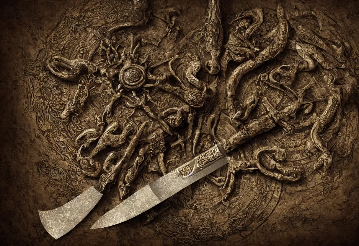 Image similar to one occult pagan slavic ritual blade, mystical glagolitic manuscripts and ancient slavic symbols in background, hyperrealism, realistic, octane render, dramatic lighting, highly detailed, cinematic lighting, full colour scale