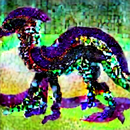 Image similar to mosaic sculpture of a alebrije chimera!!!, irregularly shaped mosaic tiles, hand glazed pottery shards, in the style of folk art, in a cottagecore flower garden